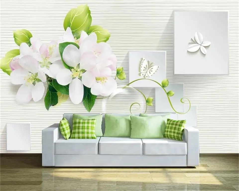 

3D-обои на заказ, фотообои для гостиной с рисунком цветка, лозы, бабочки, дивана, фона под телевизор, для стен 3 d