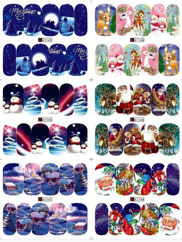 12 Sheets Christmas Mixed Decals Xmars Nail Stickers Full Wraps Santa/Tree/Snowflake Tip Decor DIY Beauty Art | Красота и здоровье