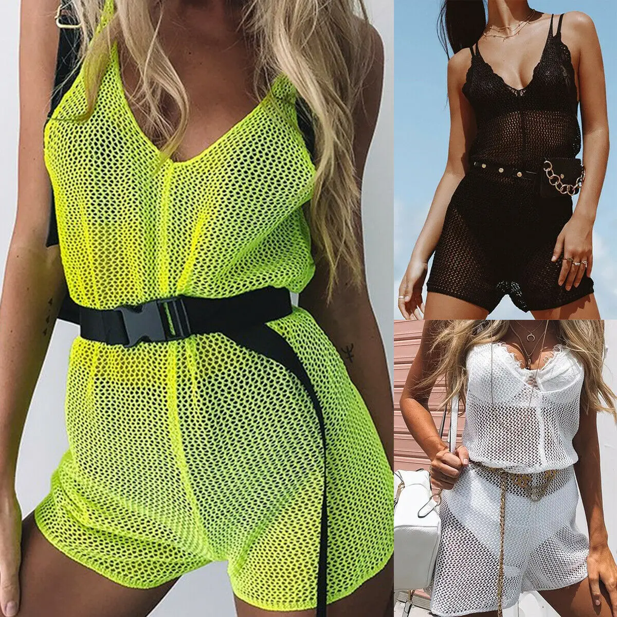 Womens Fishnet Jumpsuit See Through Mesh Sleeveless Backless Short Trousers Playsuit Rompers Party Club Beach Clothing | Женская одежда