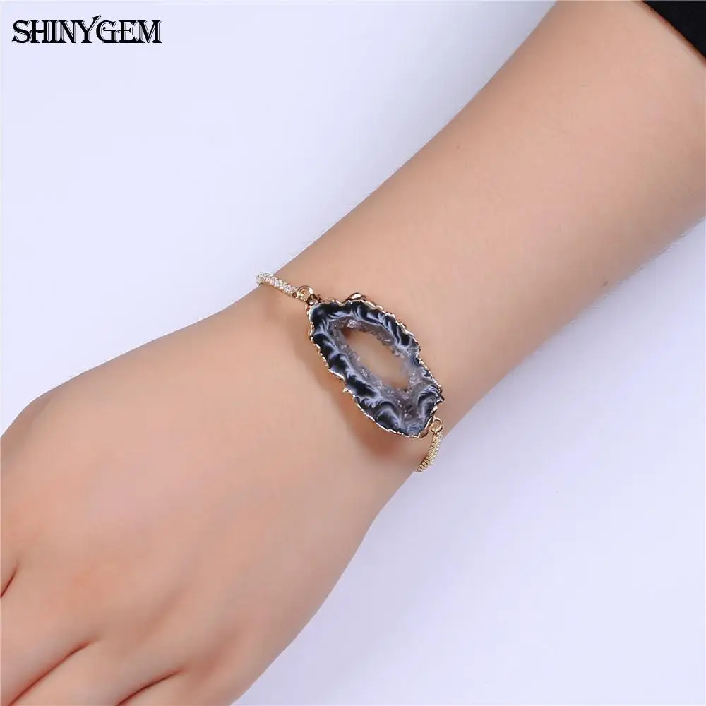 ShinyGem неровные Агаты браслет золото/серебро обернутый Агаты ломтик браслет ручной работы Регулируемый камень браслеты для женщин