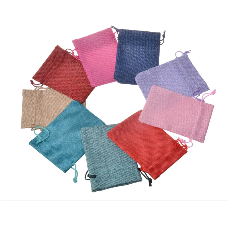 

LANWAYLUCKY 9x12cm Rose Red Burlap Drawstring Jewelry Packing Pouches Christmas Wedding Candy Ring jute Gift Bags 50pcs/Lot