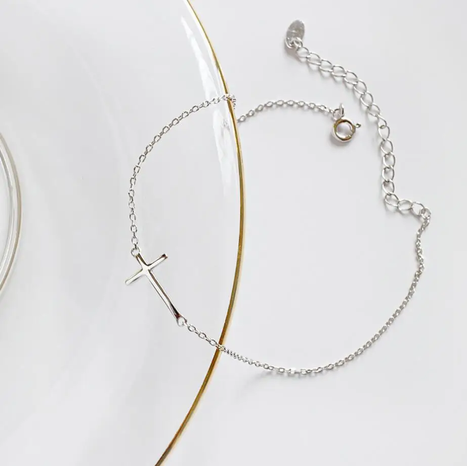 925 пробы серебро простой Боком Крест цепочка браслет на ногу A2727 | Ювелирные