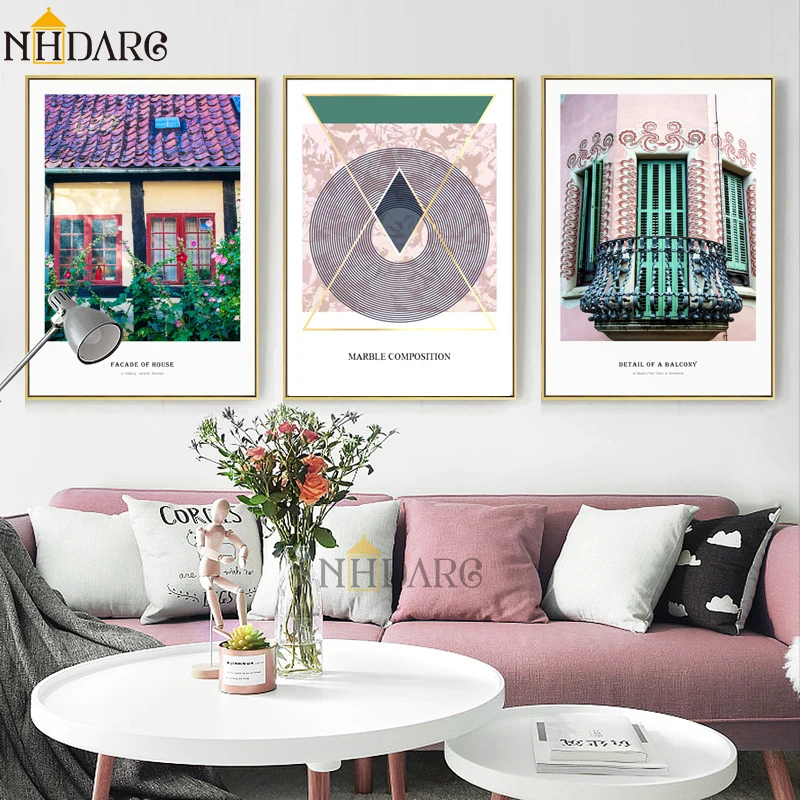 Модный постер с изображением розового зеленого цветов в скандинавском стиле