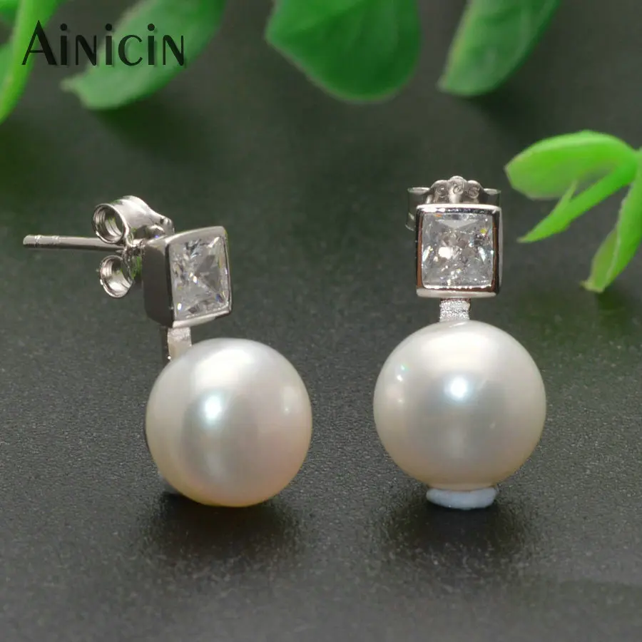 

New Arrival S925 Sterling Silver Stud Earrings 9mm AAA Natural Pearl Dangle Earrings CZ Setting Jewelry For Women Girls Gift