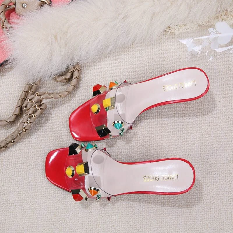 Женские прозрачные шлепанцы на высоком каблуке с заклепками и стразами Новинка