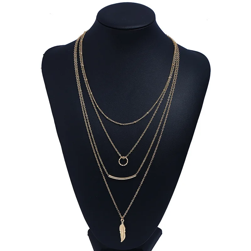 Женское длинное многослойное цепное ожерелье из кисточки с металлическим листом