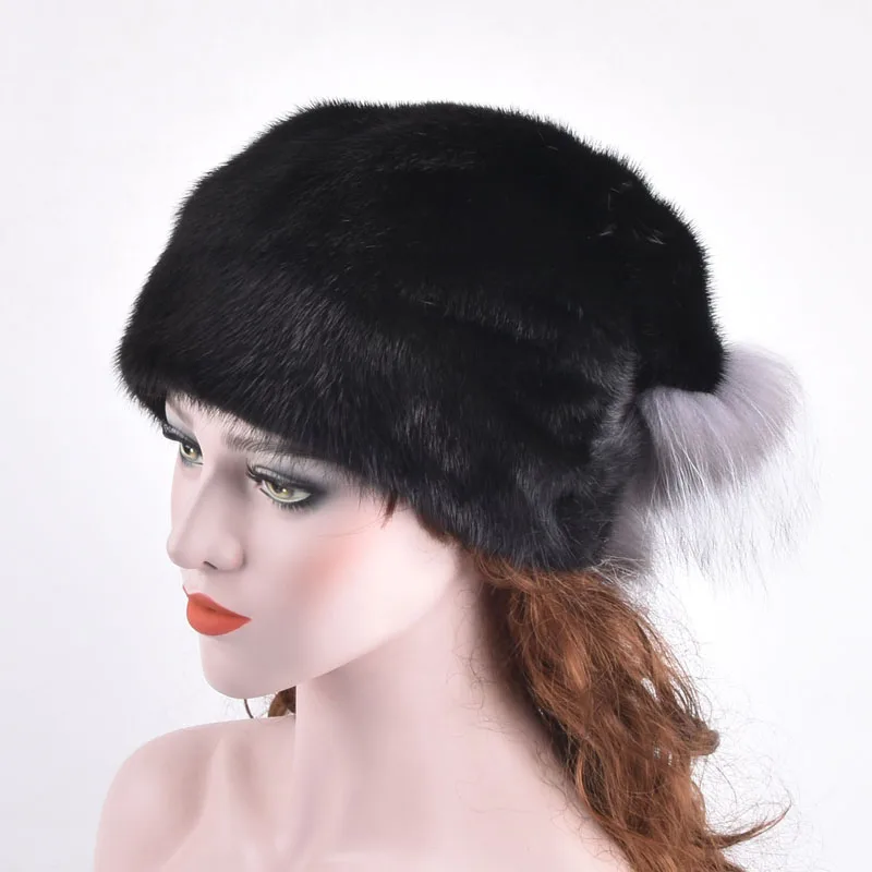 Настоящий полностью из норки меховые шапки с серебряным лисьим мехом зимние