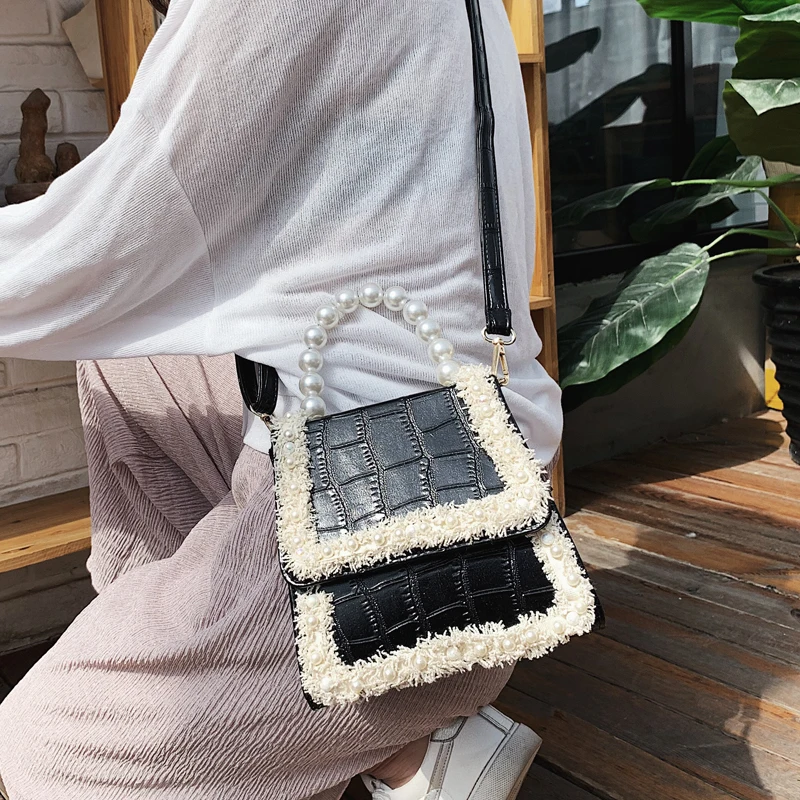 Хорошее качество жемчужная ручка камень узор искусственная кожа женская сумка