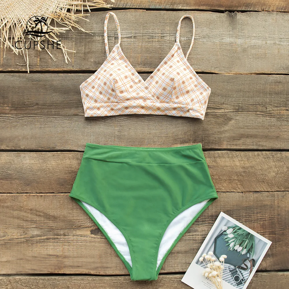 CUPSHE желтый зеленый с высокой талией пикантный комплект бикини кружевной