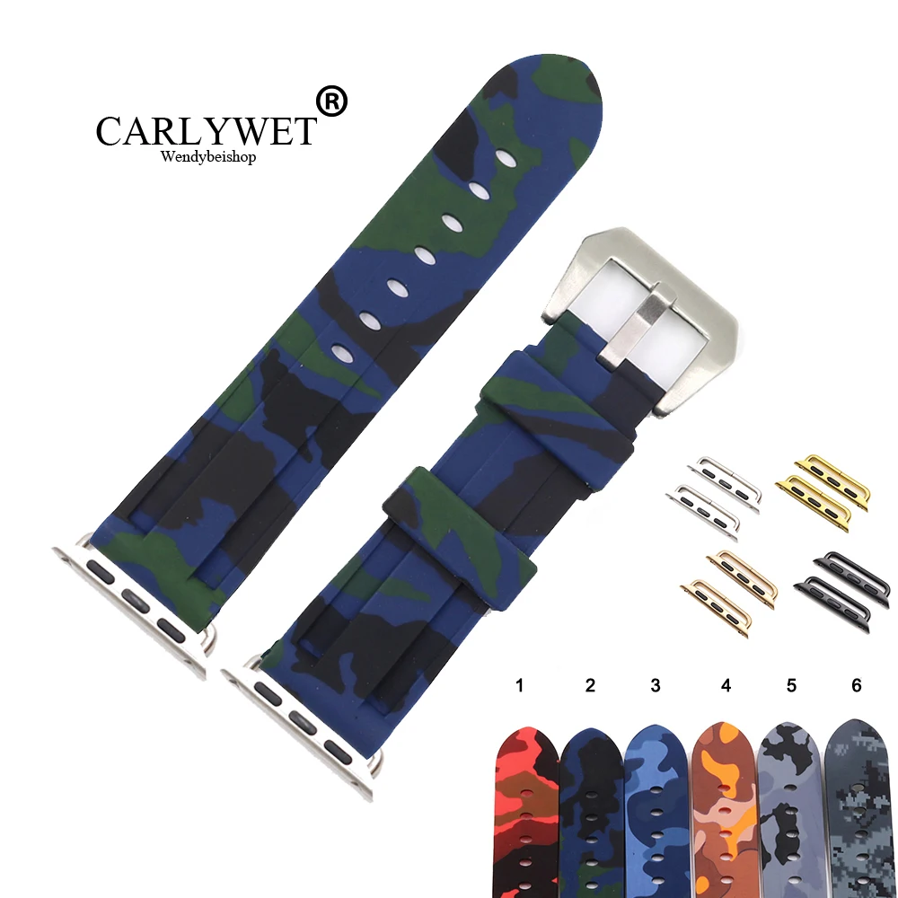 

CARLYWET 38 40 42 44mm Camo Blue Green Waterproof Silicone Rubber Replacement Wrist Watchband Loops For Iwatch Series 4/3/2/1