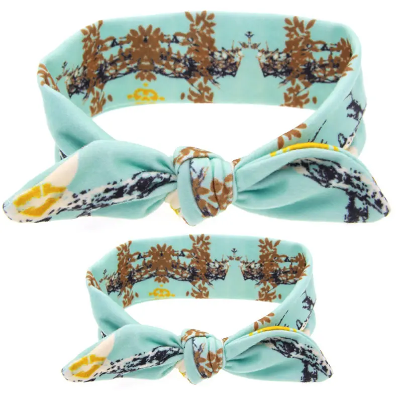 Mother Baby Turban headband 2pcs/set Mom Daughter Rabbit Ears Floral Print Plaid Bow Knot hair accessories | Детская одежда и