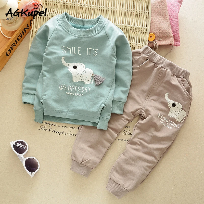 Детские Дети Мальчики Мультфильм Слон Хлопок Одежда Наборы Футболка + Брюки