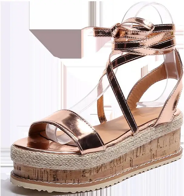 Летние черные сандалии на танкетке женские Espadrilles сандалии-гладиаторы с открытым