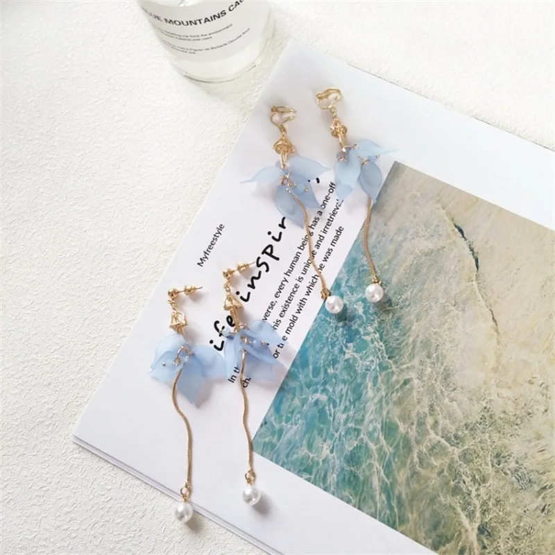 2019 простые лепестки цветов растений розовый синий длинный жемчуг кулон серьги