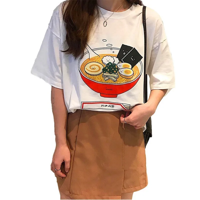 Японский стиль лето женская брендовая одежда комический мультфильм Kawaii Ramen печатная Футболка Высокая уличная мода Повседневная футболка Топы - Цвет: white