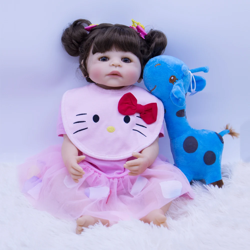 

55-57cm Bebe Doll Reborn High quality Silicone Girl Toy Reborn Baby Doll Gift for Children beautiful pink dress princess doll