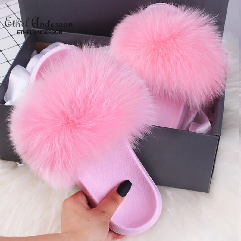 Pink(Pink) Летние женские тапочки с лисьим мехом; шлепанцы с натуральным лисьим мехом; модные меховые Вьетнамки; повседневные пляжные сандалии; Пушистый Плюшевый обувь - Цвет: Pink(Pink)