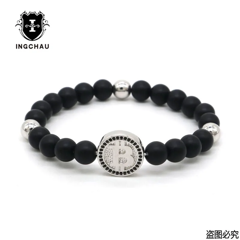 Silver Plated CZ золотой цвет Биткоин браслет мужской черный матовый камень бисером Роскошные браслеты для мужчин и женщин Pulseira Masculina BT-5 - Окраска металла: Silver Plated