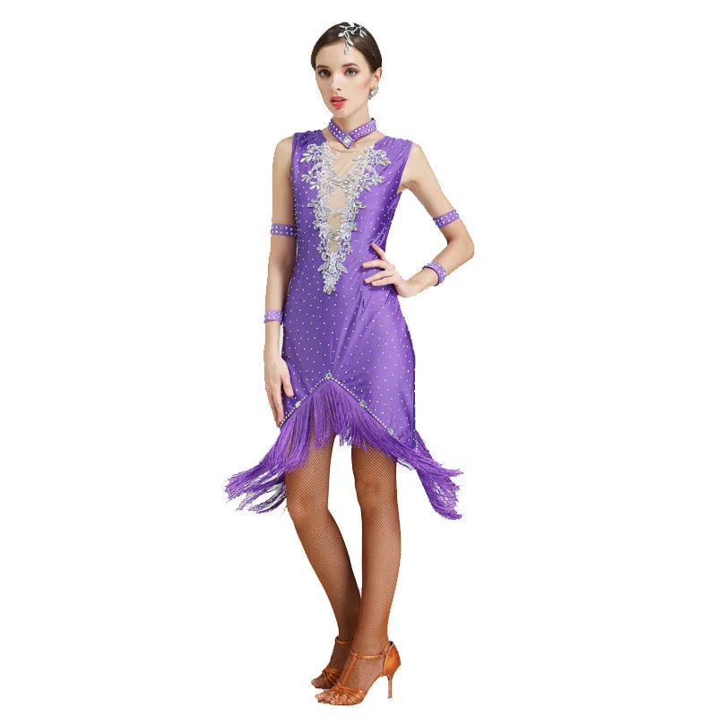 Женское сексуальное платье с блестками для латинских танцев кисточками и одежда