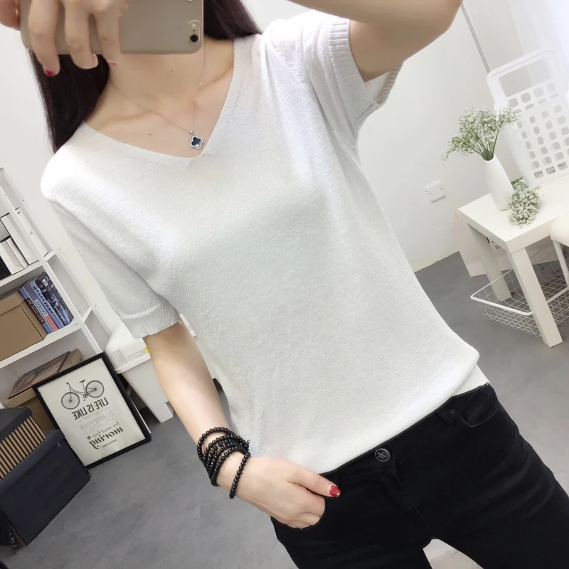 Яркая шелковая летняя футболка для женщин с коротким рукавом и v-образным вырезом