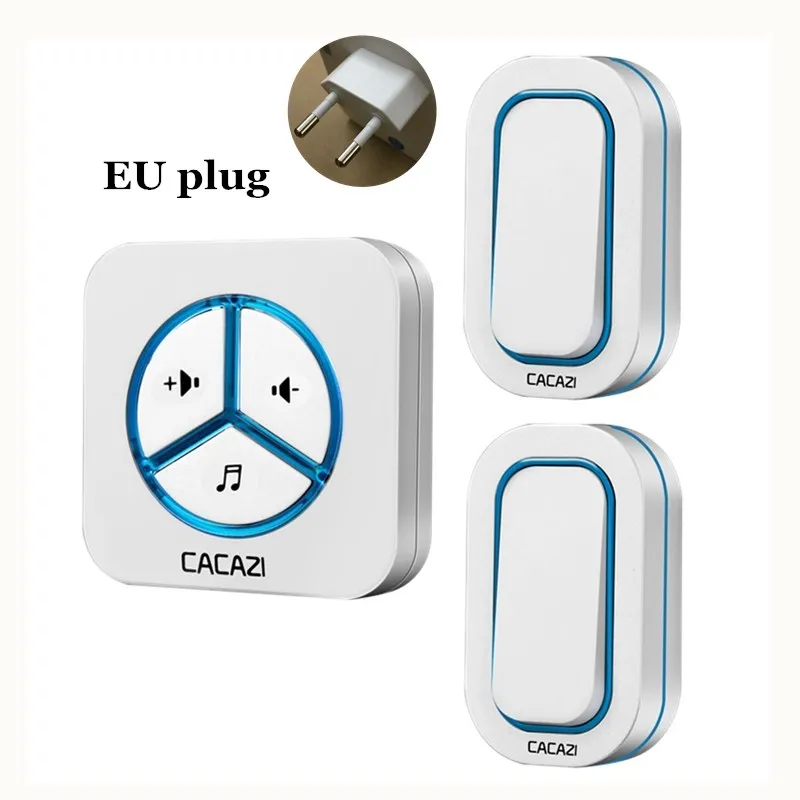 Blue 2X1 EU Беспроводной дверной звонок CACAZI, водонепроницаемая Батарейная кнопка, 280 м, дистанционный Домашний Беспроводной звонок-звонок, приемник с европейской вилкой 48, 6 громкости - Цвет: Blue 2X1 EU