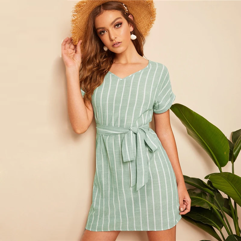 SHEIN модное платье с v-образным вырезом и поясом в Вертикальную Полоску,, элегантное зеленое Пастельное летнее женское платье с коротким рукавом, туника, прямые платья