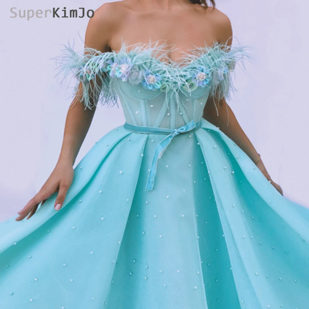 SuperKimJo Vestidos De Gala Blue Prom Dresses 2020 Off the Shoulder Feather Beaded Prom Gown Robe De Soiree