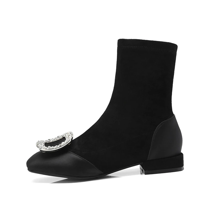 Женские ботинки на толстом каблуке ISNOM Kid осенне зимние Стрейчевые из сатина с