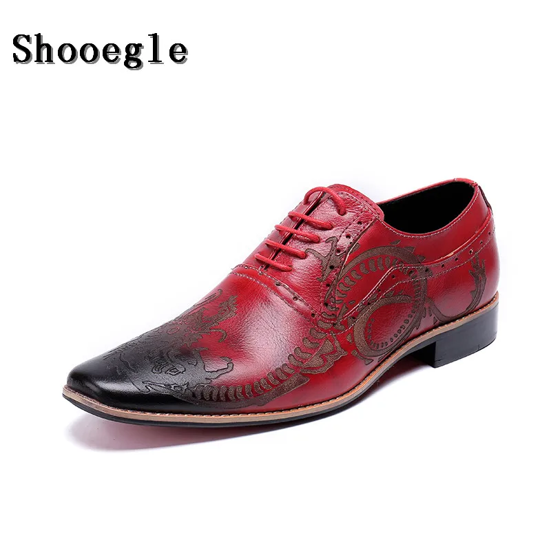 Мужские классические деловые туфли SHOOEGLE красные кожаные оксфорды на шнуровке в