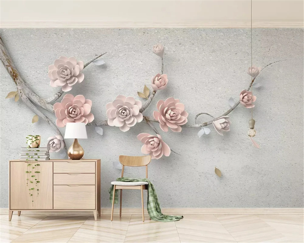 

beibehang Custom wall papers home decor classic wallpaper beautiful pink three-dimensional embossed flower twig TV background