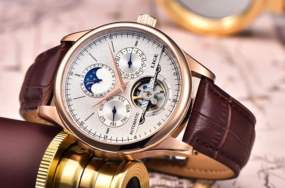 Relojes Hombre LIGE Брендовые мужские часы автоматические механические часы Tourbillon спортивные часы кожаные повседневные деловые наручные часы золотые