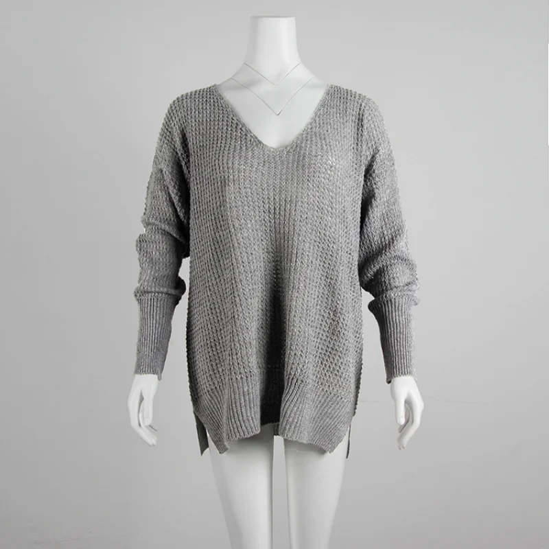 New Loose White Women Sweaters Long Sleeve V-Neck Knitted Solid Black Gray Lady's Pullovers Female Autumn Casual Tops | Женская