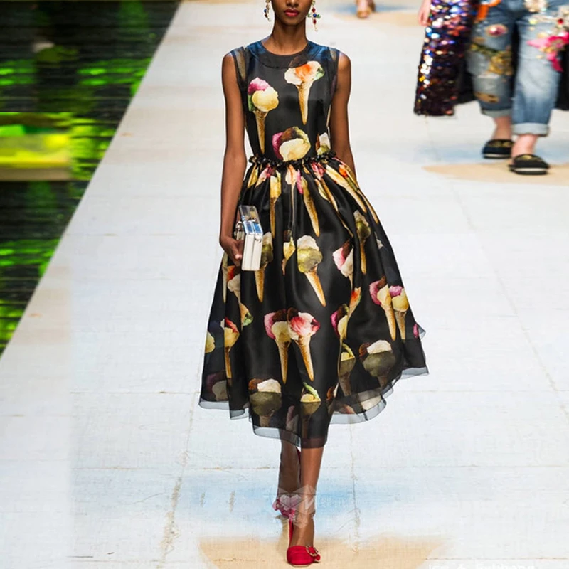 Платье женское вечернее без рукавов с принтом мороженого модель 2017 года|puls size|print