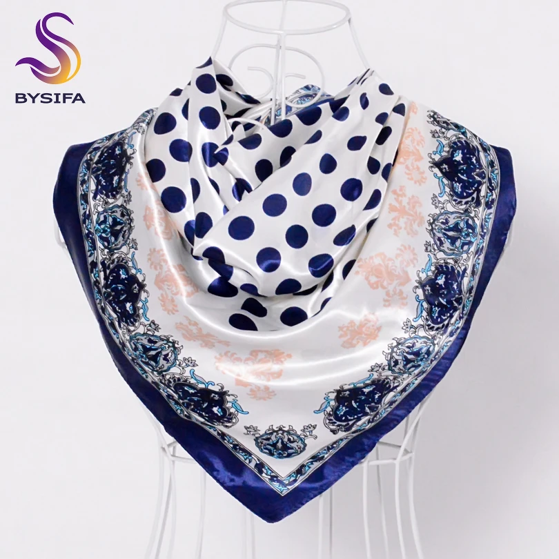 Женский квадратный шарф в горошек BYSIFA темно-синий большого размера 90*90 см зимний