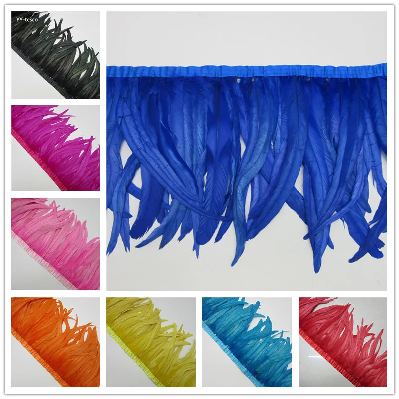 

10 Yards Rooster Feather Trims 30-35cm width coque Feather strung Chicken Feather trimming ribbon Carnival DIY Decoration