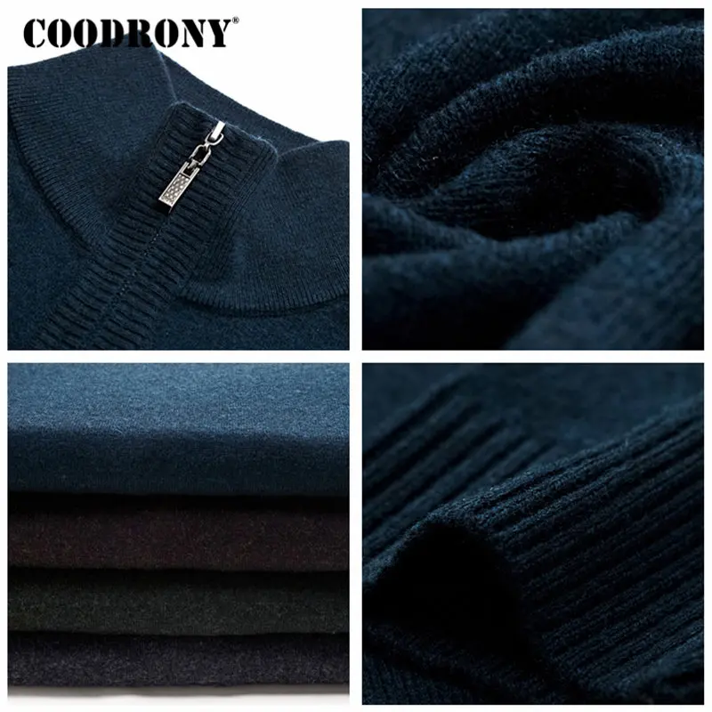 COODRONY, свитер из мериносовой шерсти, мужской, Повседневный, на молнии, водолазка, пуловер, для мужчин, Осень-зима, толстый, теплый, мужские свитера, Pull Homme W001