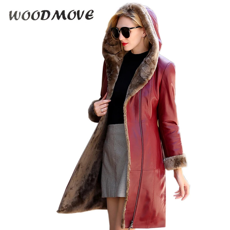 Зимняя женская мода длинное шерстяное пальто из натуральной кожи на молнии с