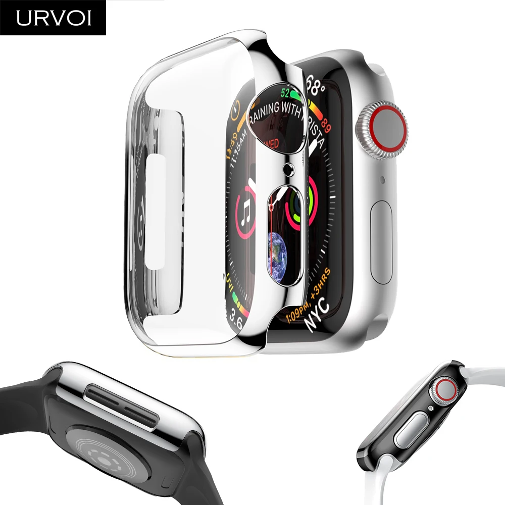 URVOI полное покрытие для Apple Watch series 4 3 2 пластиковый чехол Жесткий протектор экрана для iWatch ультра-тонкий гальванический чехол с ремешком