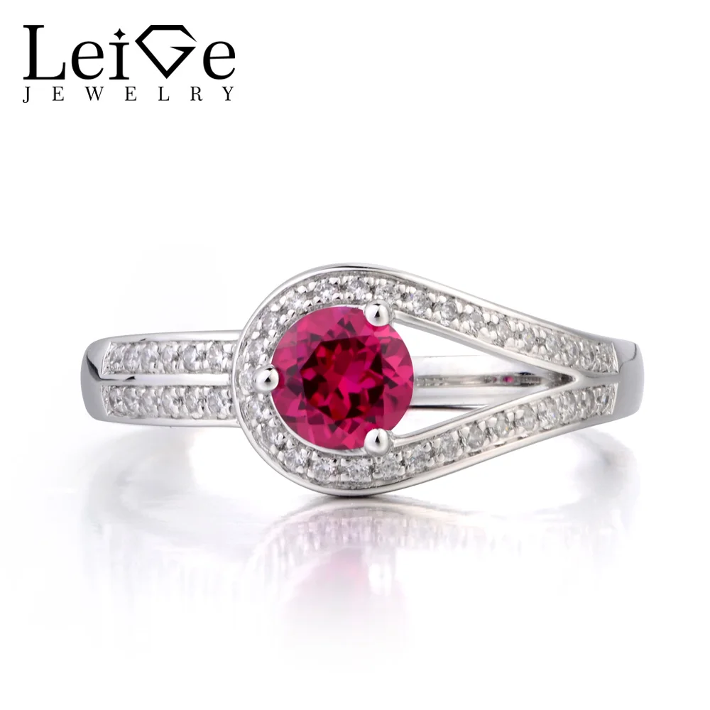 

Leige Jewelry Anniversary Ring Ruby Ring July Birthstone Round Cut Red Gemstone Solid 925 Sterling Silver Ring Gifts for Women