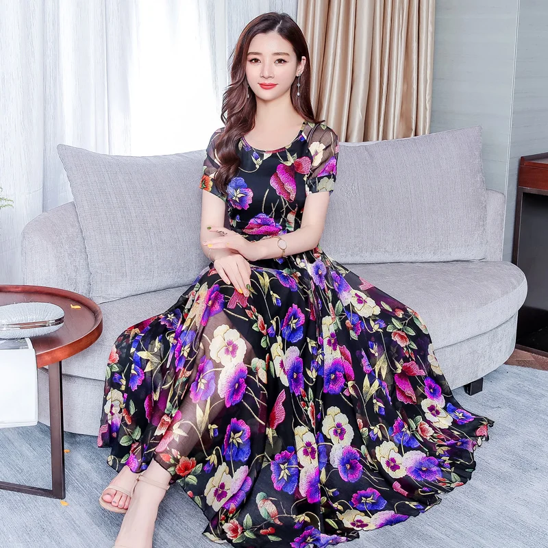 Summer Retro Elegant Chiffon Women Dresses Casual O-Neck Short Sleeve Dress Ladies Big Swing Party Beach A-Line Vestidos | Женская