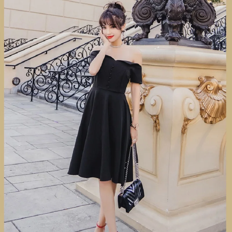 Одноцветное Винтаж голое плечо Комплект Талия Кнопка Line платье с открытыми