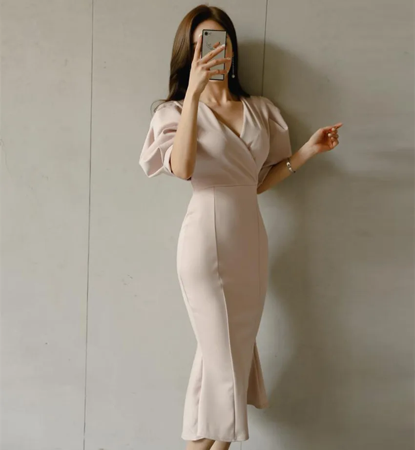 JSXDHK High Quality Office Ladies Puff Sleeve Dress Summer Women Bodycon Ruffles Midi Party Fashion Slim V Neck Vestidos | Женская