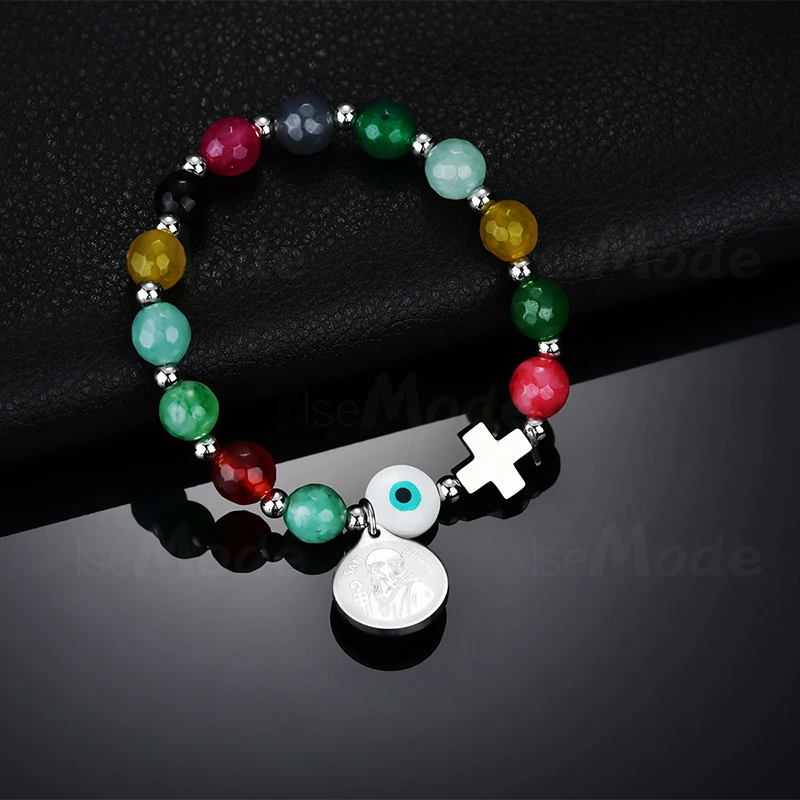 ELSEMODE Ethnic Mulitcolor Evil Eyes San Benito Cross Saint Stainless Steel Pendant Beads Bracelet for Women Lucky Gifts Jewelry