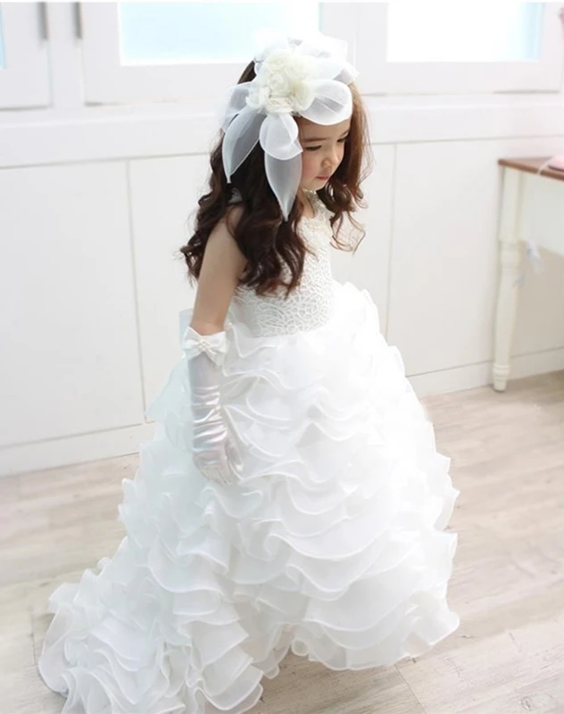 Белый органзы женская блуза с послойным расположением ткани, оборочками и v-образным вырезом для девочек в цветочек, держащих букет невесты на свадьбе, платья, Нарядные платья для девочек платья для первого причастия для девочек