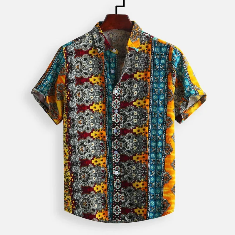 MJARTORIA Men's Retro Beach Shirt Fashion Floral Print Short Sleeve Casual Button Down Ethnic Style Shirt