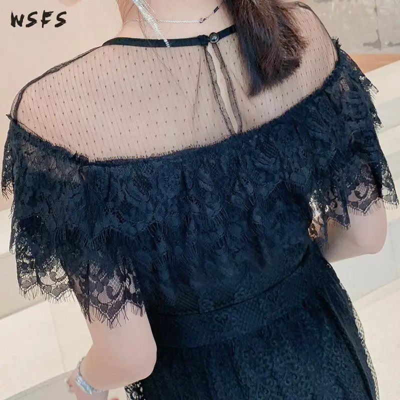 Летние кружевные платья с круглым вырезом Сетчатое женское платье оборками и