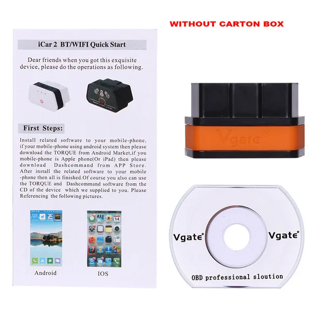 Without Carton box Vgate iCar2 ELM327 Bluetooth OBD 2 сканер iCar 2 mini elm 327 obd2 OBD II и тестер тормозной жидкости для масла DOT3/DOT4/DOT5 инструмент - Цвет: Without Carton box