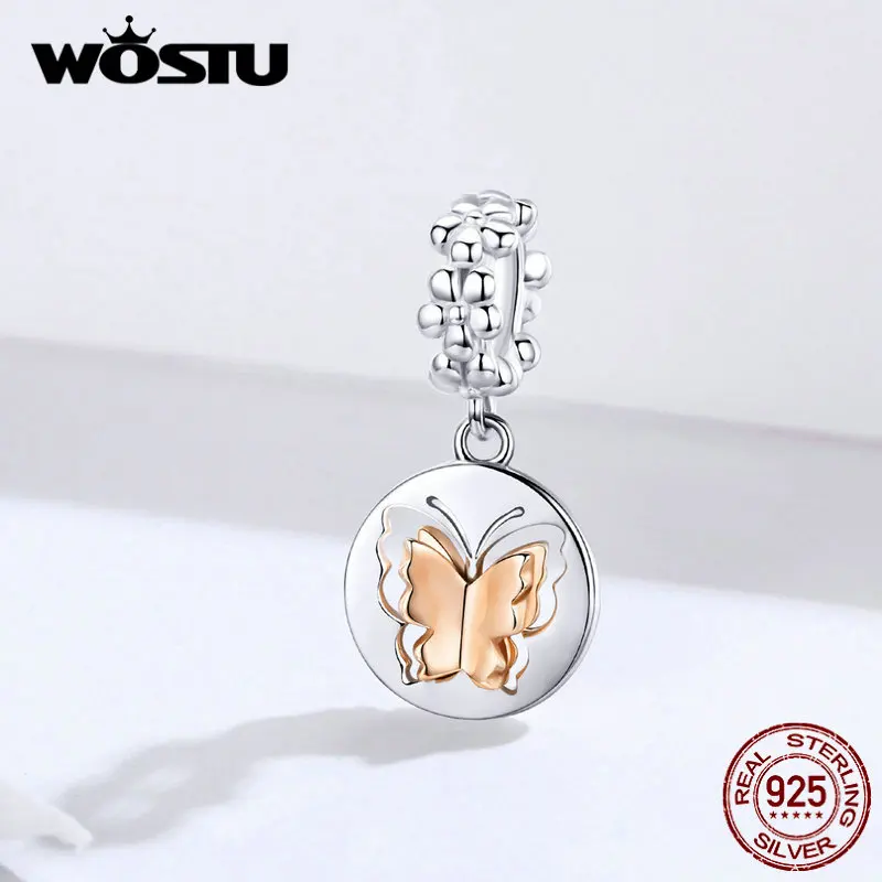 WOSTU, розовое золото, Бабочка, подвеска, шарм, 925 пробы, Серебряный цветок, бисер, подходит для оригинального браслета, подвеска, ювелирное изделие, DXC1250