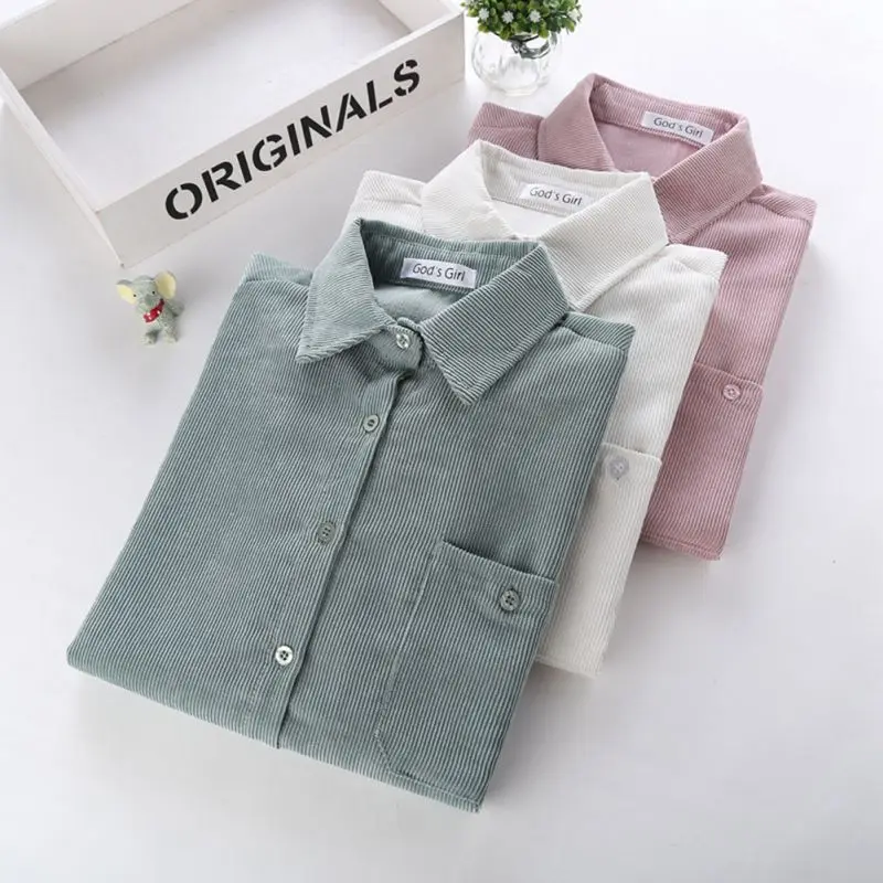 Размера плюс вельветовые blusas хлопковая рубашка женские топы с длинными рукавами Модная Повседневная Блузка Femme