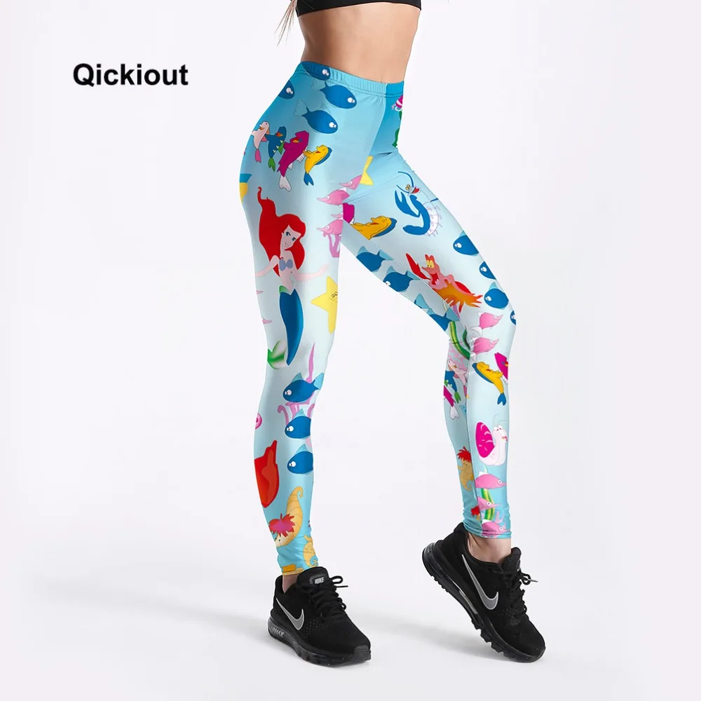 Qickitout, Прямая поставка, женские леггинсы, подводный мир животных, Мультяшные рыбы, Русалка, принт, милые длинные штаны